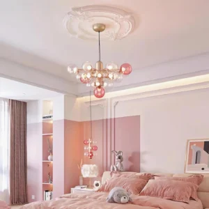 Contemporary bubble chandelier installed in upscale bedroom with warm ambient lighting