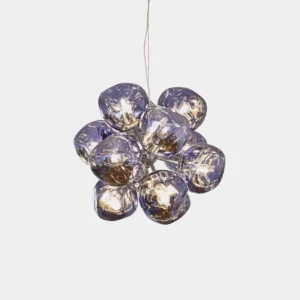 Modern lava bubbles pendant light with dark purple tinted glass orbs, overhead studio view