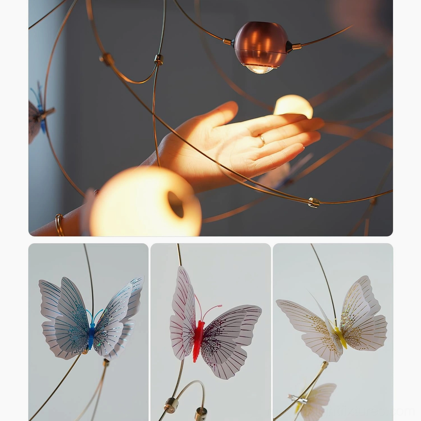 Modern butterfly pendant light with refined brass framework and glowing acrylic elements creating elegant ambient illumination