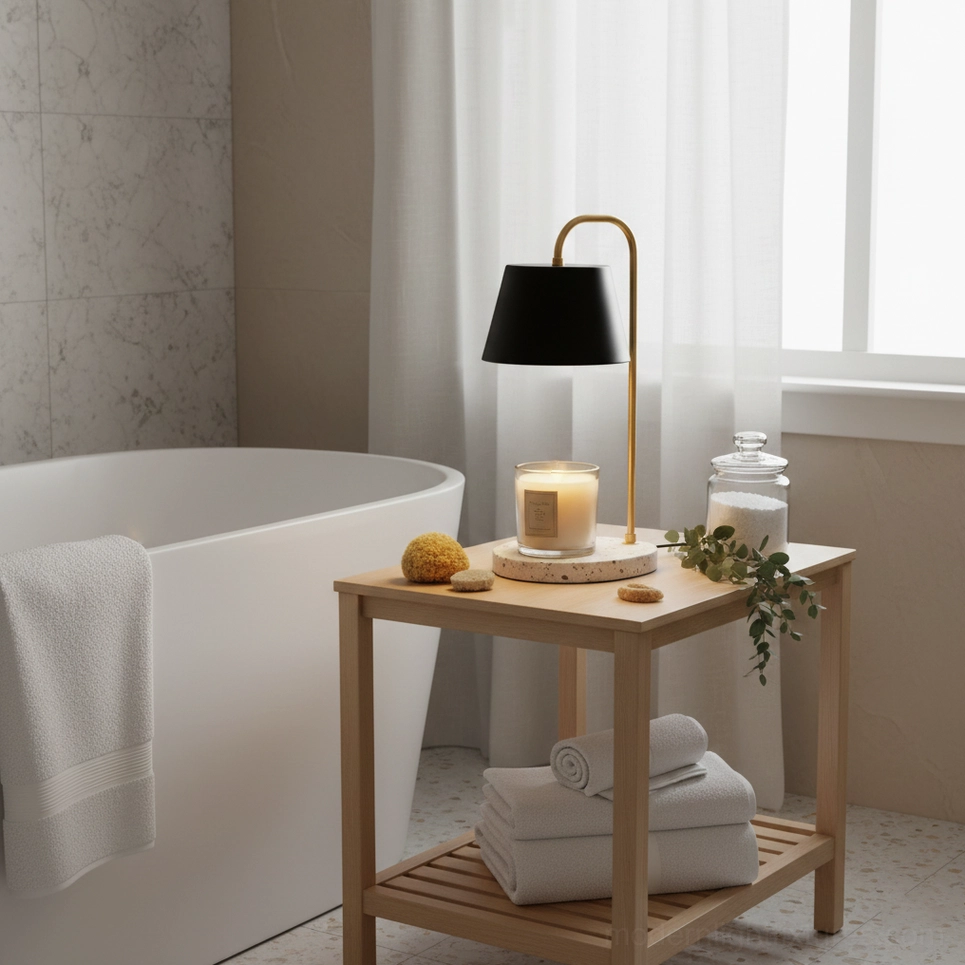 Black fabric shade candle warmer lamp brass gold arched arm on wooden side table bathroom bathtub area lit