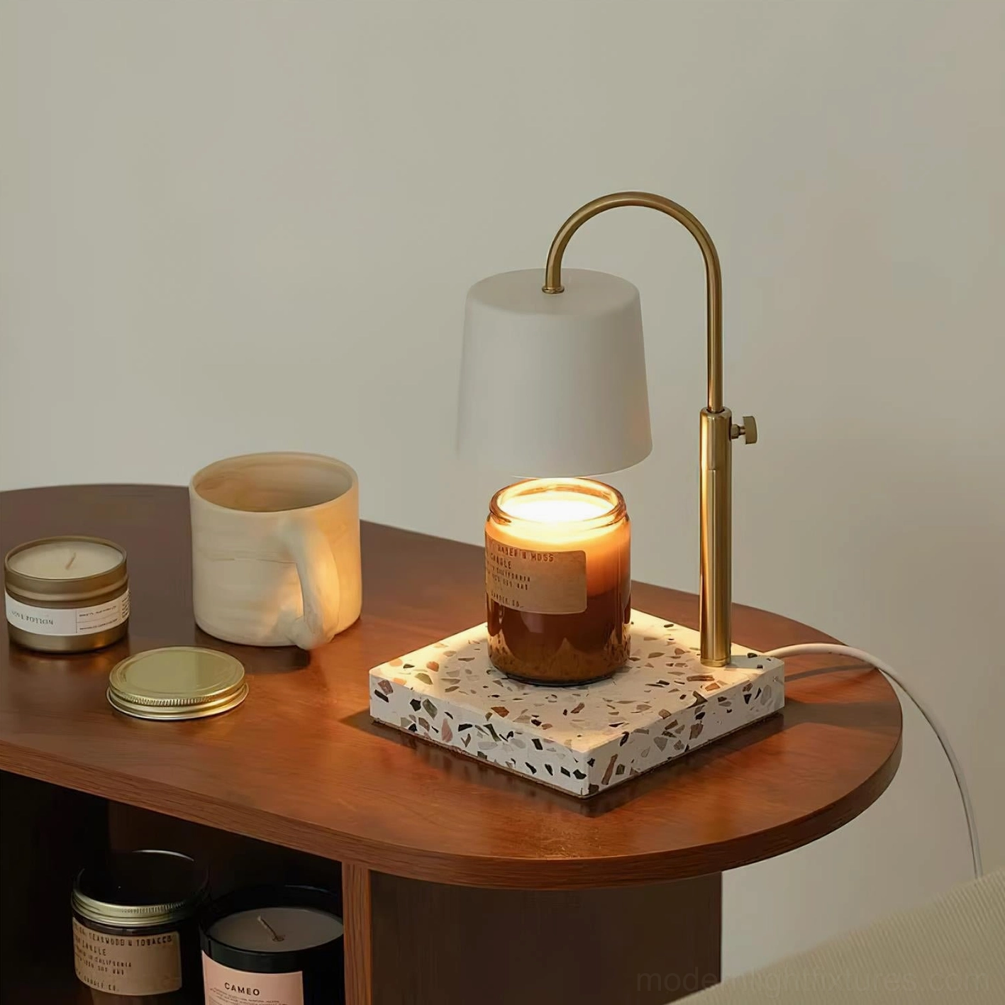 Modern candle warmer lamp fabric shade geometric terrazzo base brass gold metallic finish