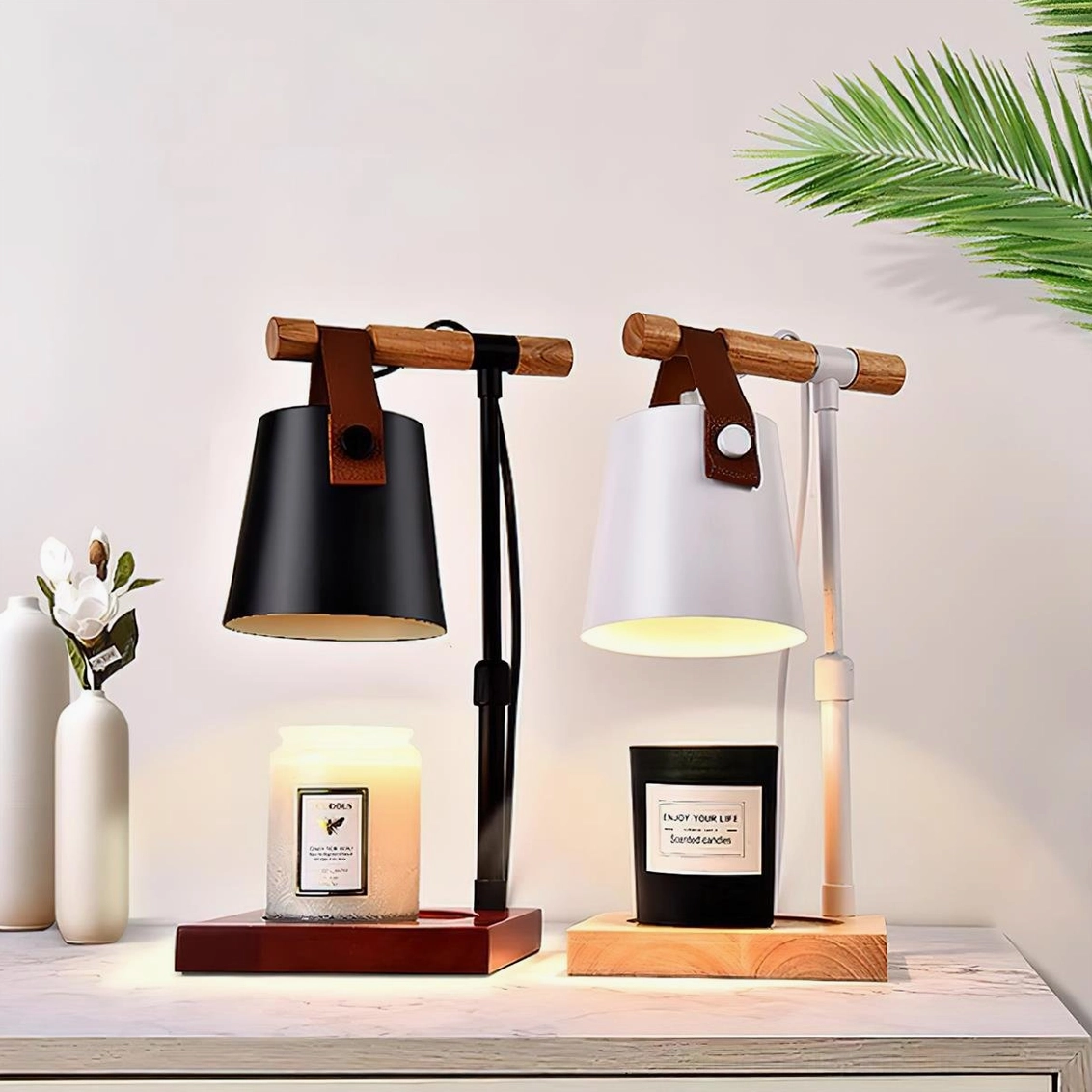 Candle warmer lamp in minimalist interior with neutral palette, contemporary home decor styling