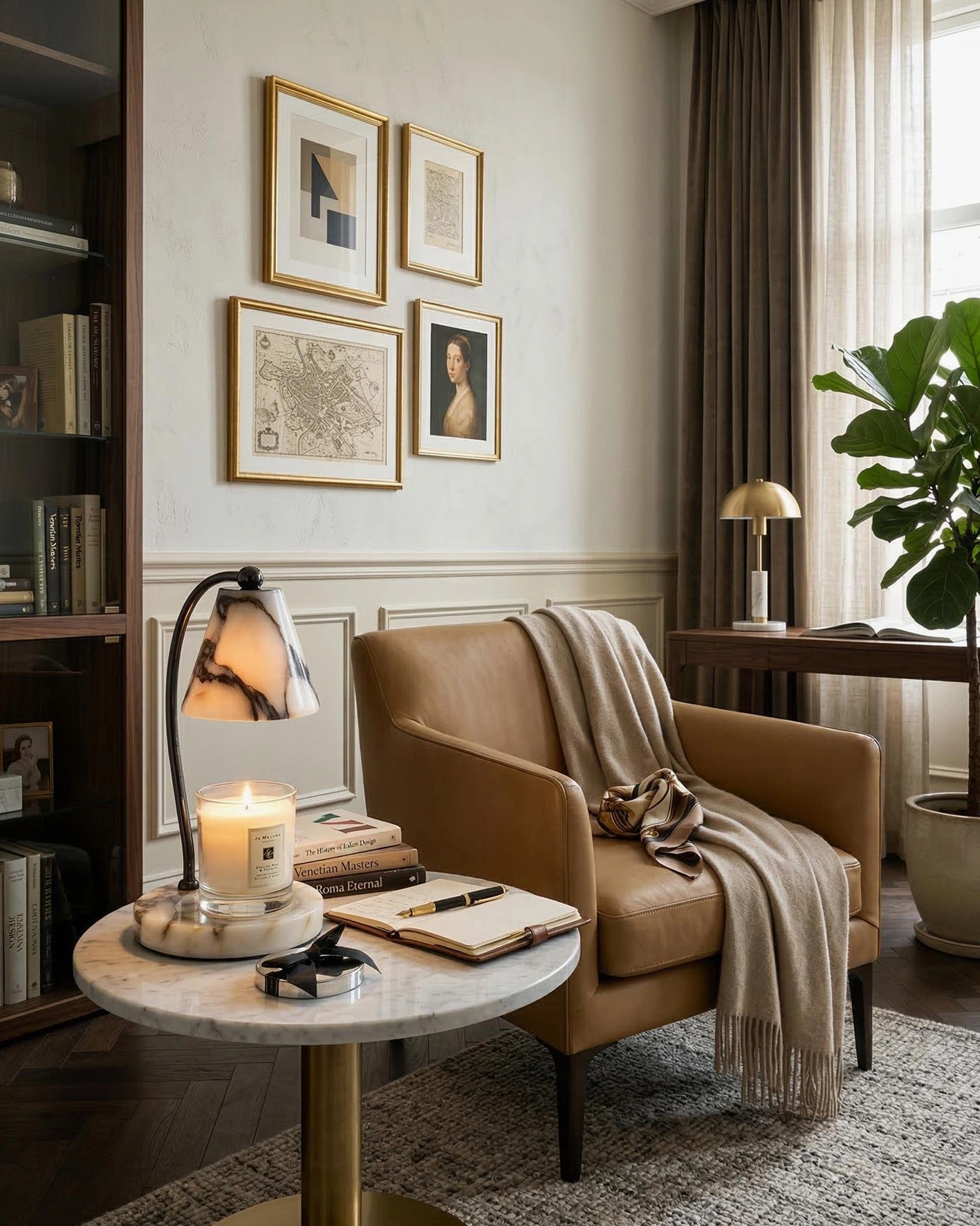 Contemporary marble lamp warmer in cozy living room reading nook with leather armchair and throw blanket