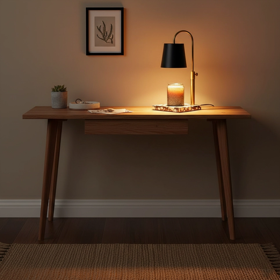 Modern candle warmer lamp with sculptural brass gold frame and fabric shade design fixture