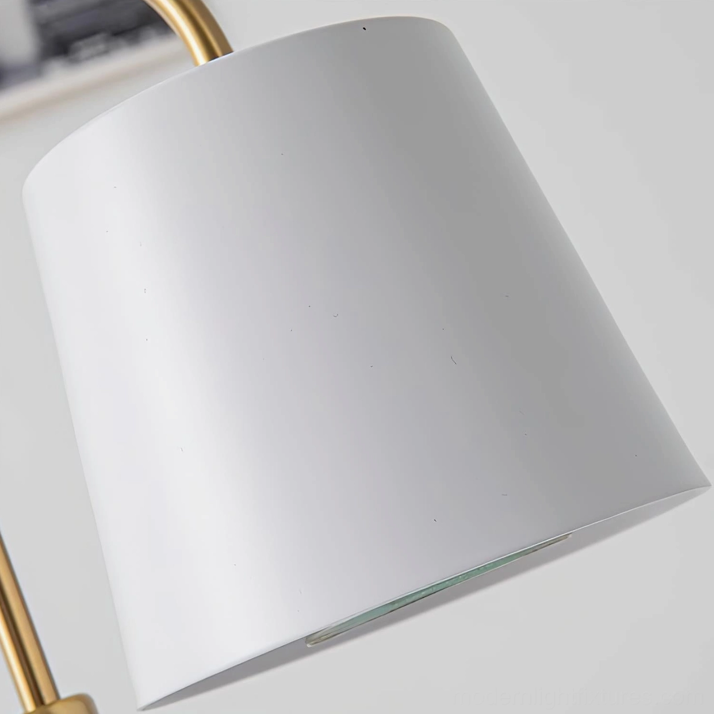 Modern minimalist candle warmer table lamp with brass gold arm and fabric shade styling