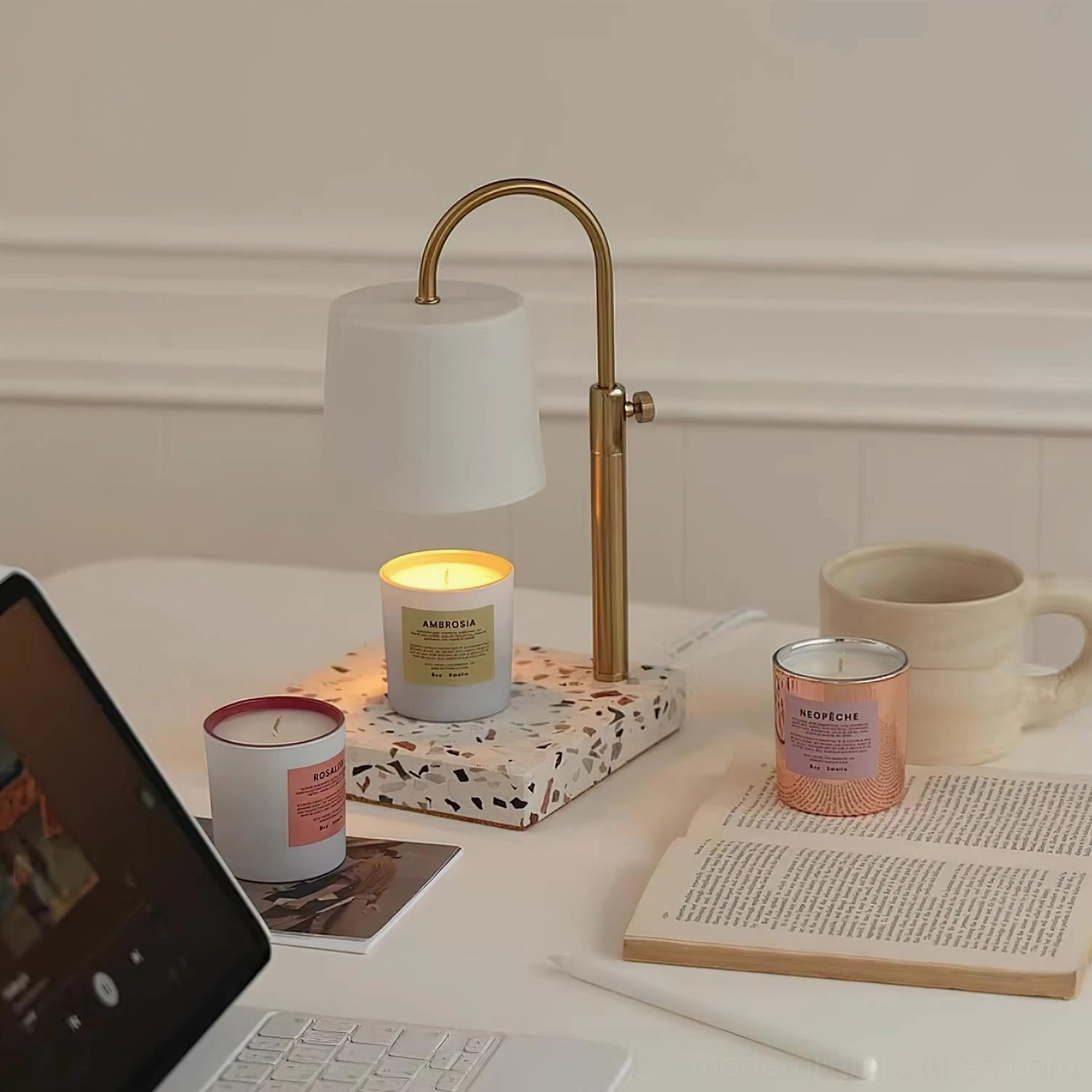 Modern table lamp candle warmer with adjustable arc arm home office desk ambiance