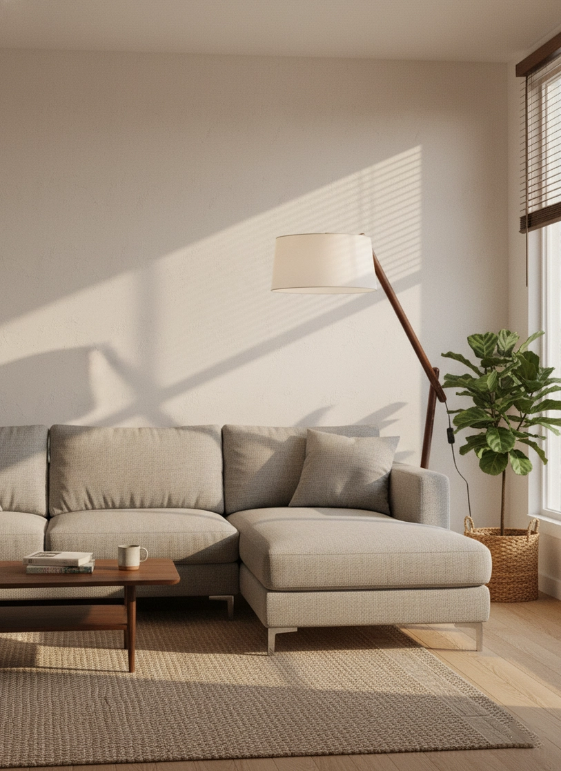 Modern floor lamp in bright contemporary living room setting with L-shaped sofa and green plant accent