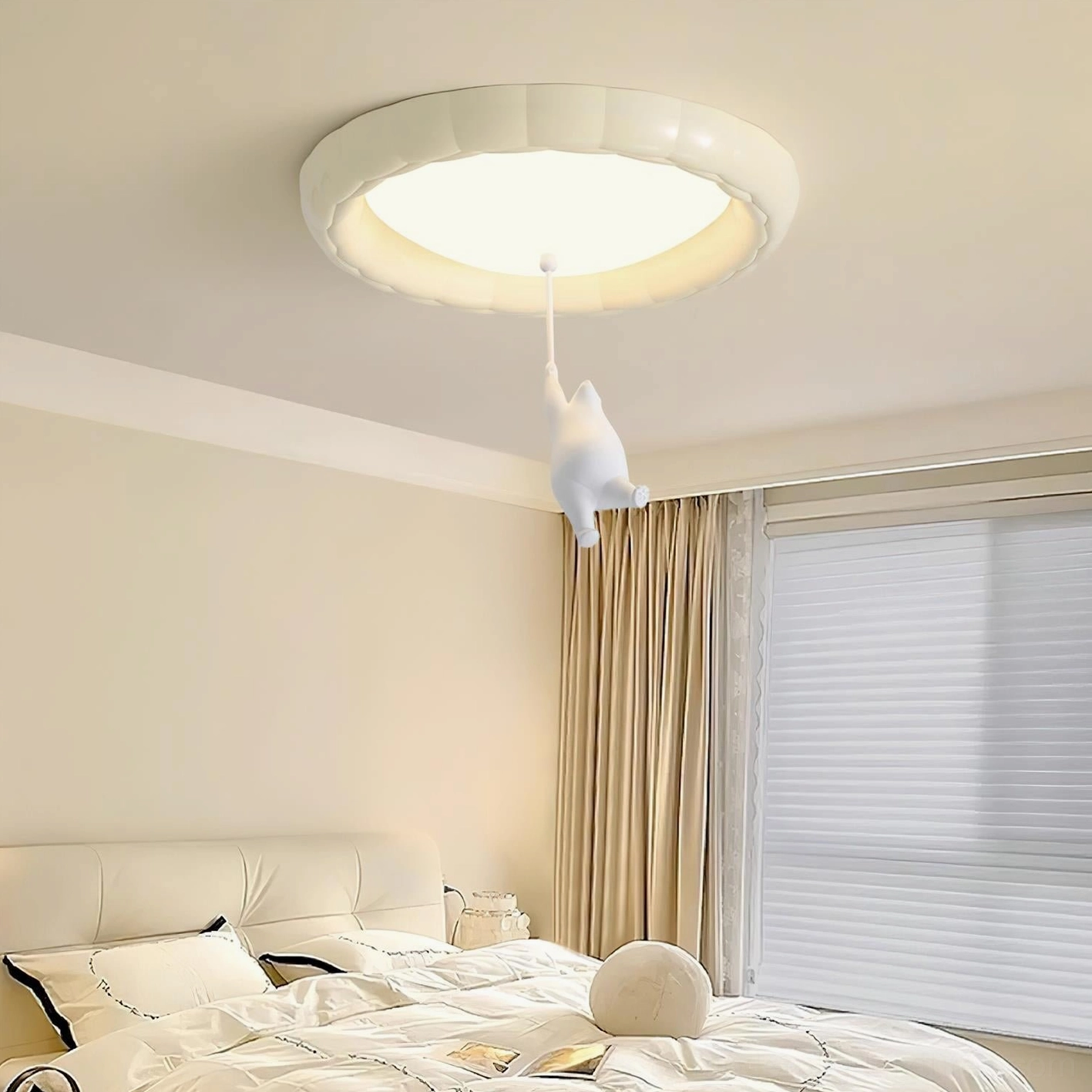 Modern bedroom with bear ceiling light offering soft off-white matte finish and warm ambient illumination with window blinds