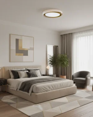 Contemporary flush mount LED ceiling fixture installed in modern minimalist master bedroom with neutral décor