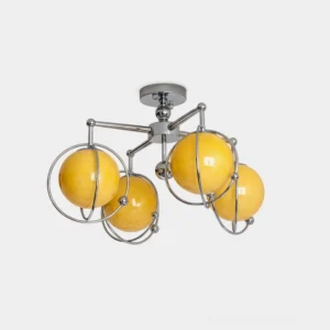 Galaxy Spin modern ceiling light fixture with four glass globes and chrome frame, front overhead view