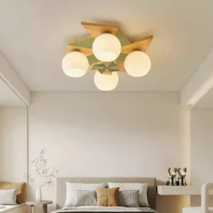 Geometric pendant ceiling light in Nordic minimalist bedroom creating warm ambient illumination