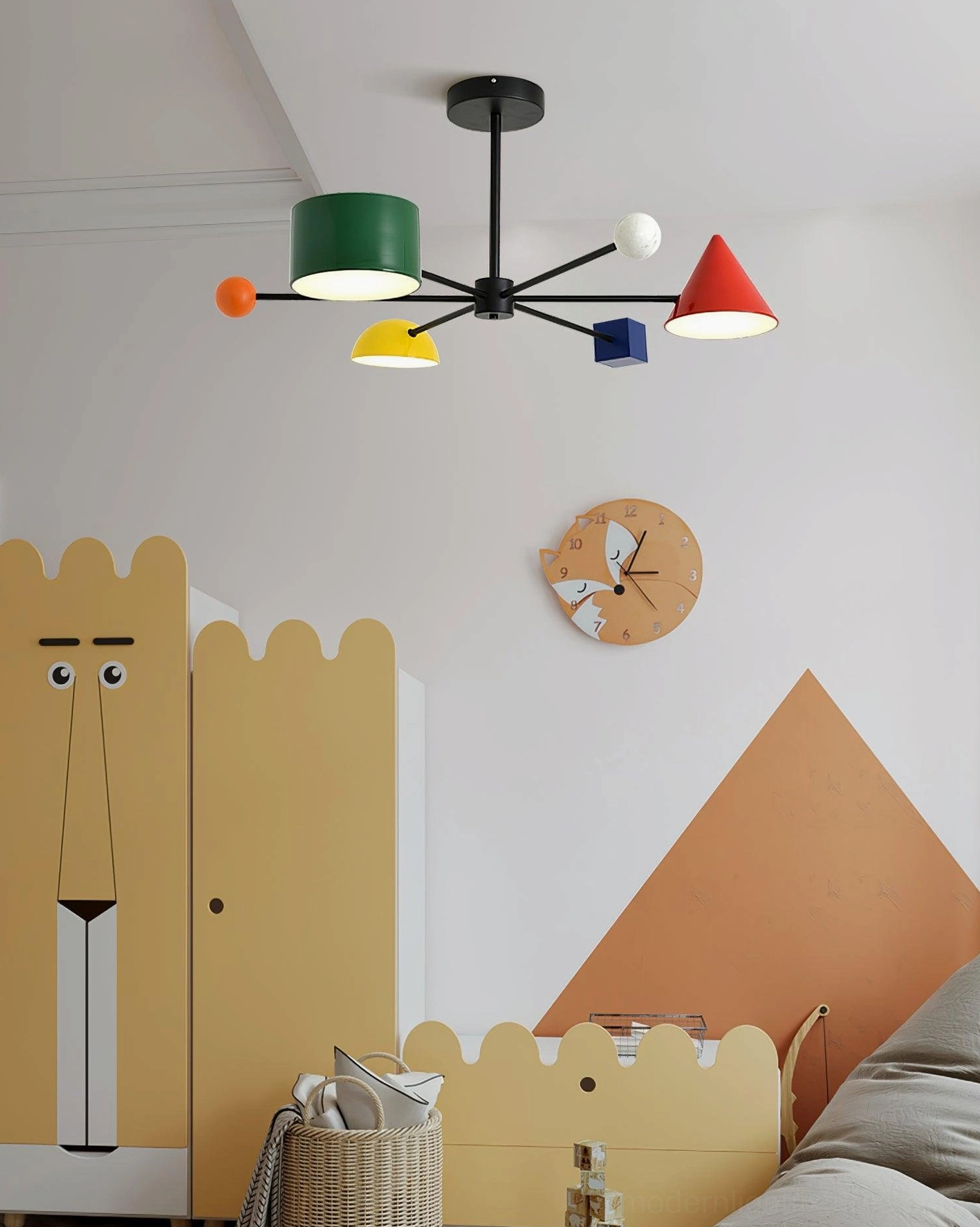 Contemporary colorful ceiling light mounted on ceiling showing light distribution and fixture configuration