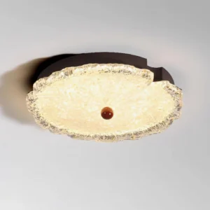 Warm white 3000K ceiling pendant lamp with rippled glass diffuser and central amber bead, overhead angle