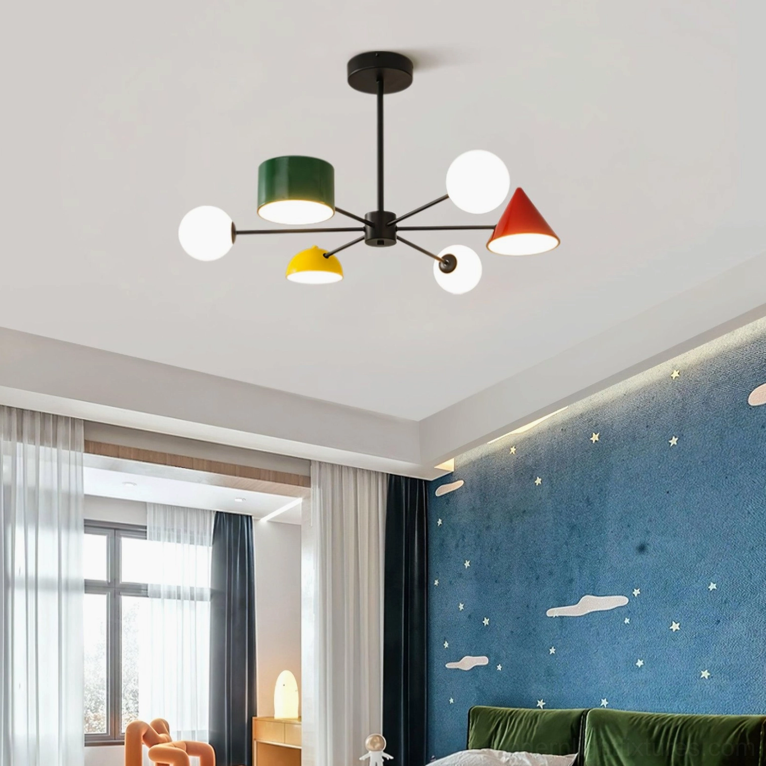 Contemporary geometric ceiling light fixture overhead view in children's playroom with green panel walls