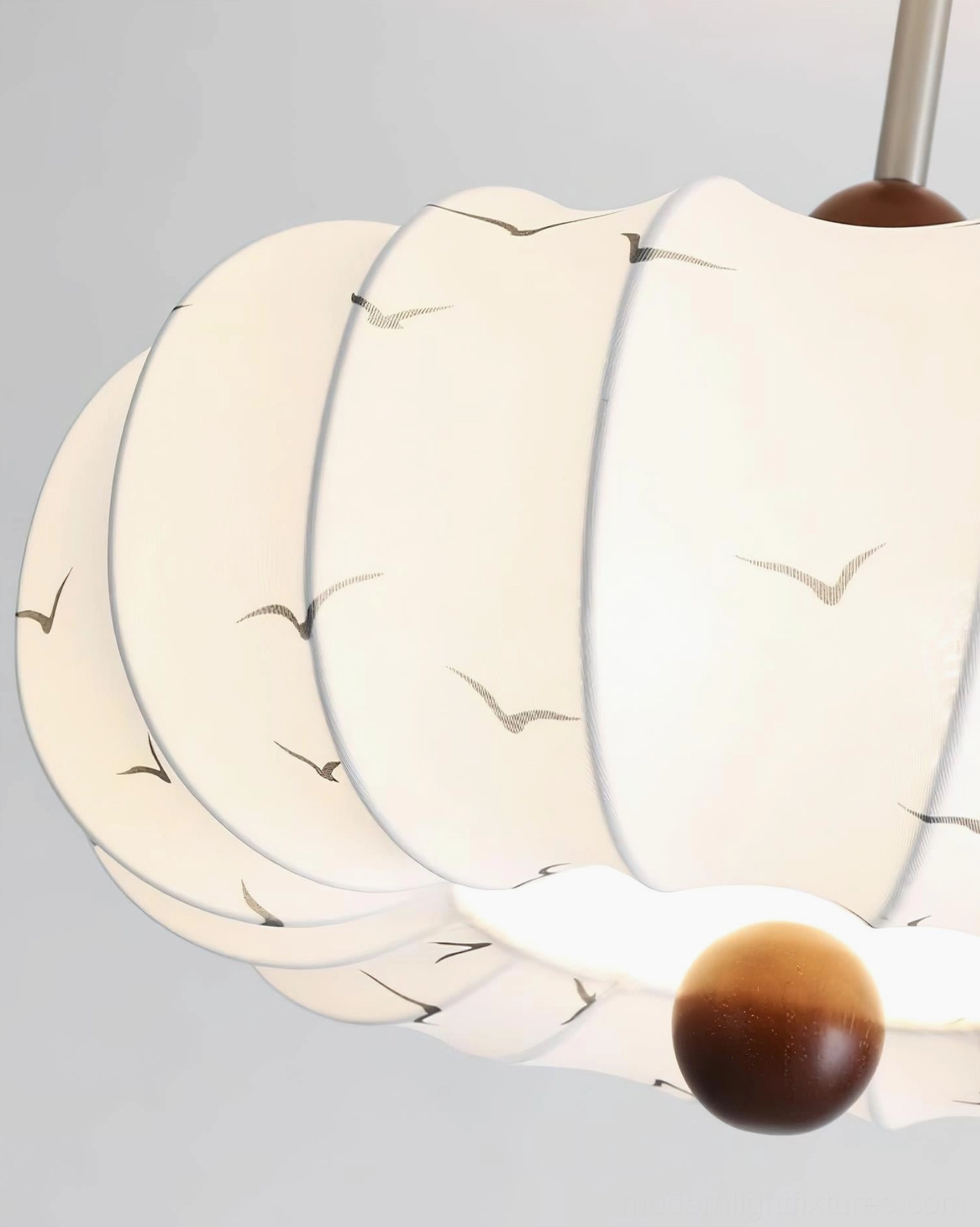 Modern fabric ceiling light fixture - detailed front product view on white background showing complete hardware assembly and walnut-tone wood accents