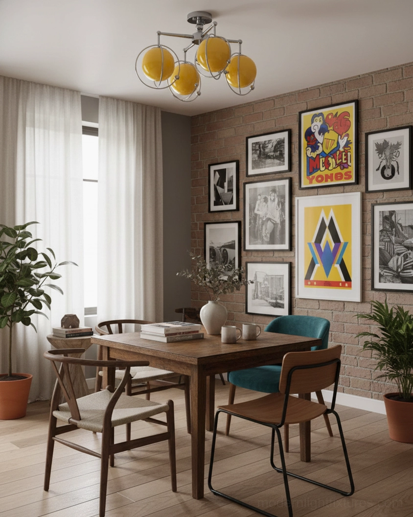 Contemporary ceiling light fixture installed above dining table in modern space with brick accent wall and gallery art