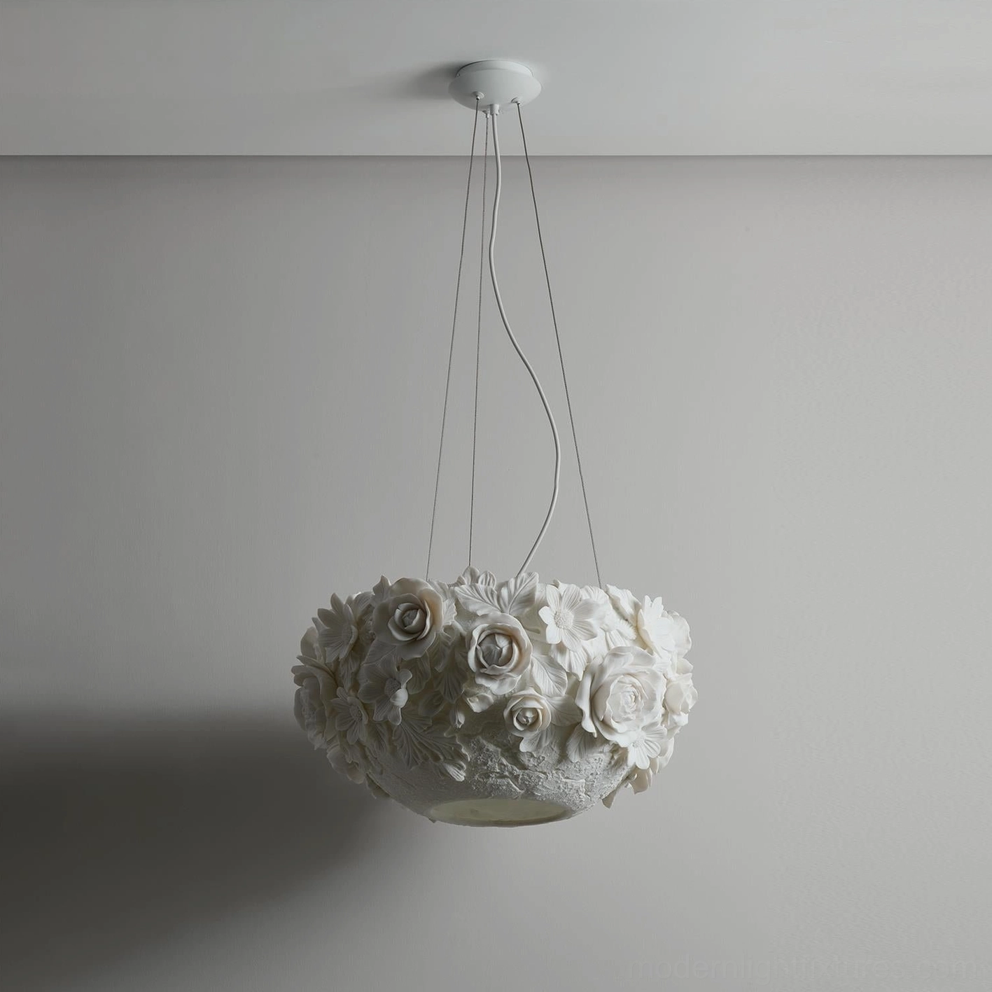 Ceramic floral pendant lamp in modern minimalist interior with warm ambient lighting, creating romantic atmosphere