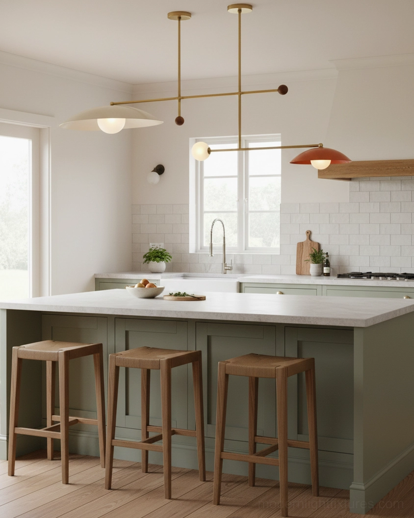 Multi-light pendant chandelier in coastal farmhouse kitchen with green cabinetry, brass finish with dual-color shades