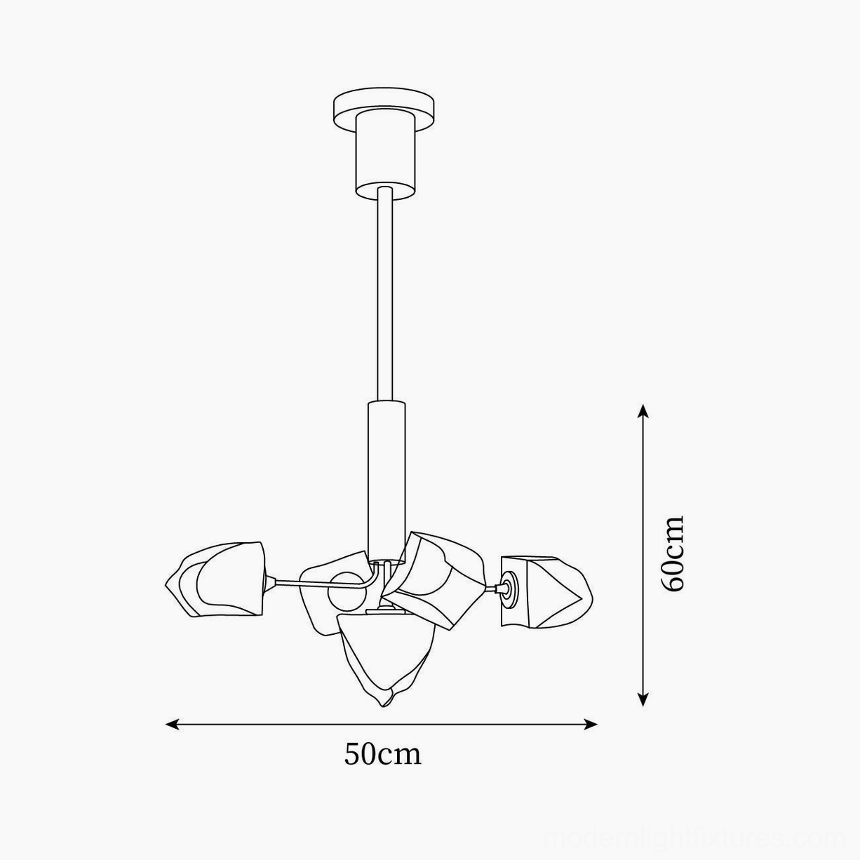 Modern glass chandelier design schematic with 50cm diameter and 60cm height specifications line art
