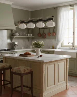 Contemporary kitchen island pendant light with 4 frosted glass shades and warm ambient lighting in traditional country kitchen