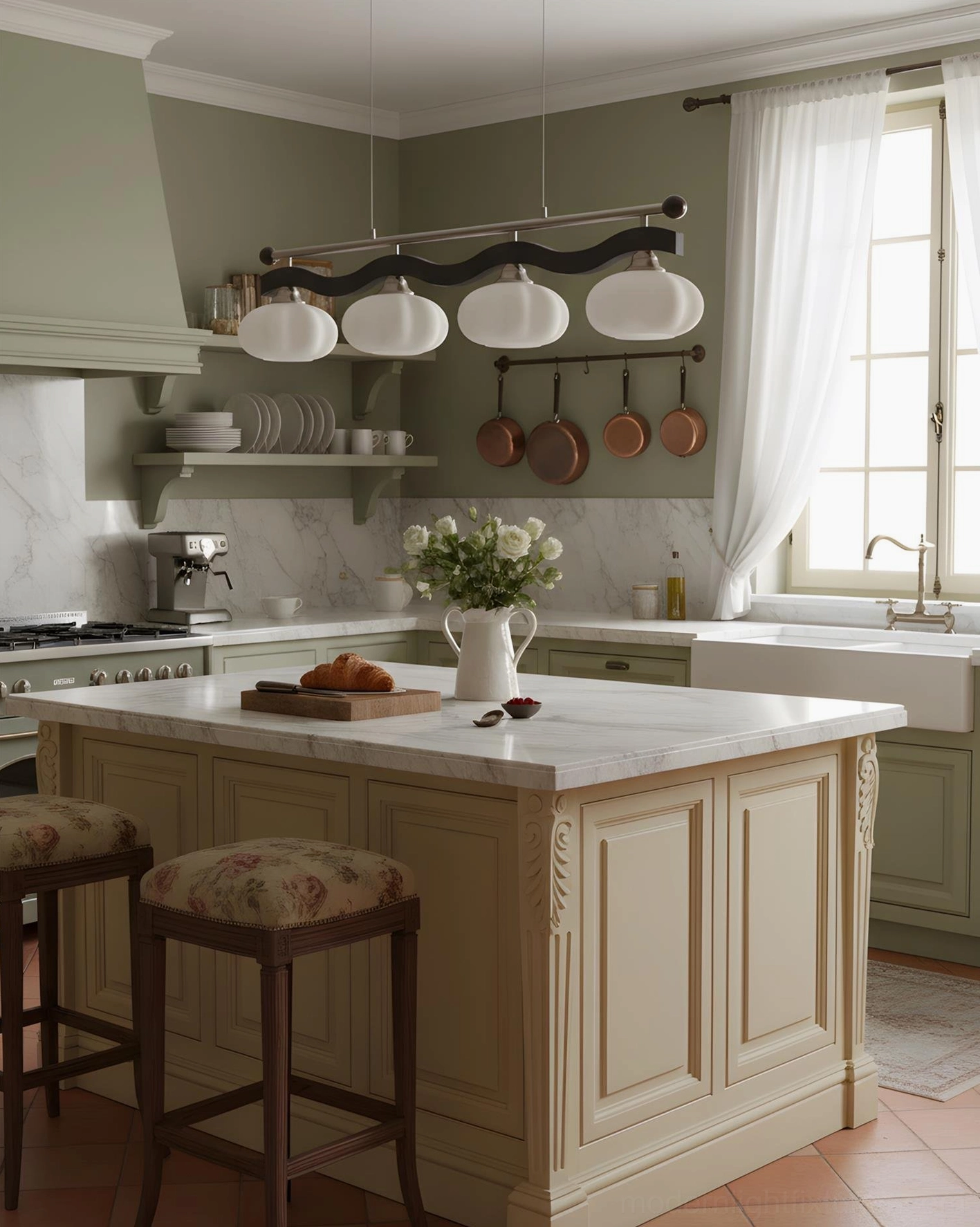 Contemporary kitchen island pendant light with 4 frosted glass shades and warm ambient lighting in traditional country kitchen