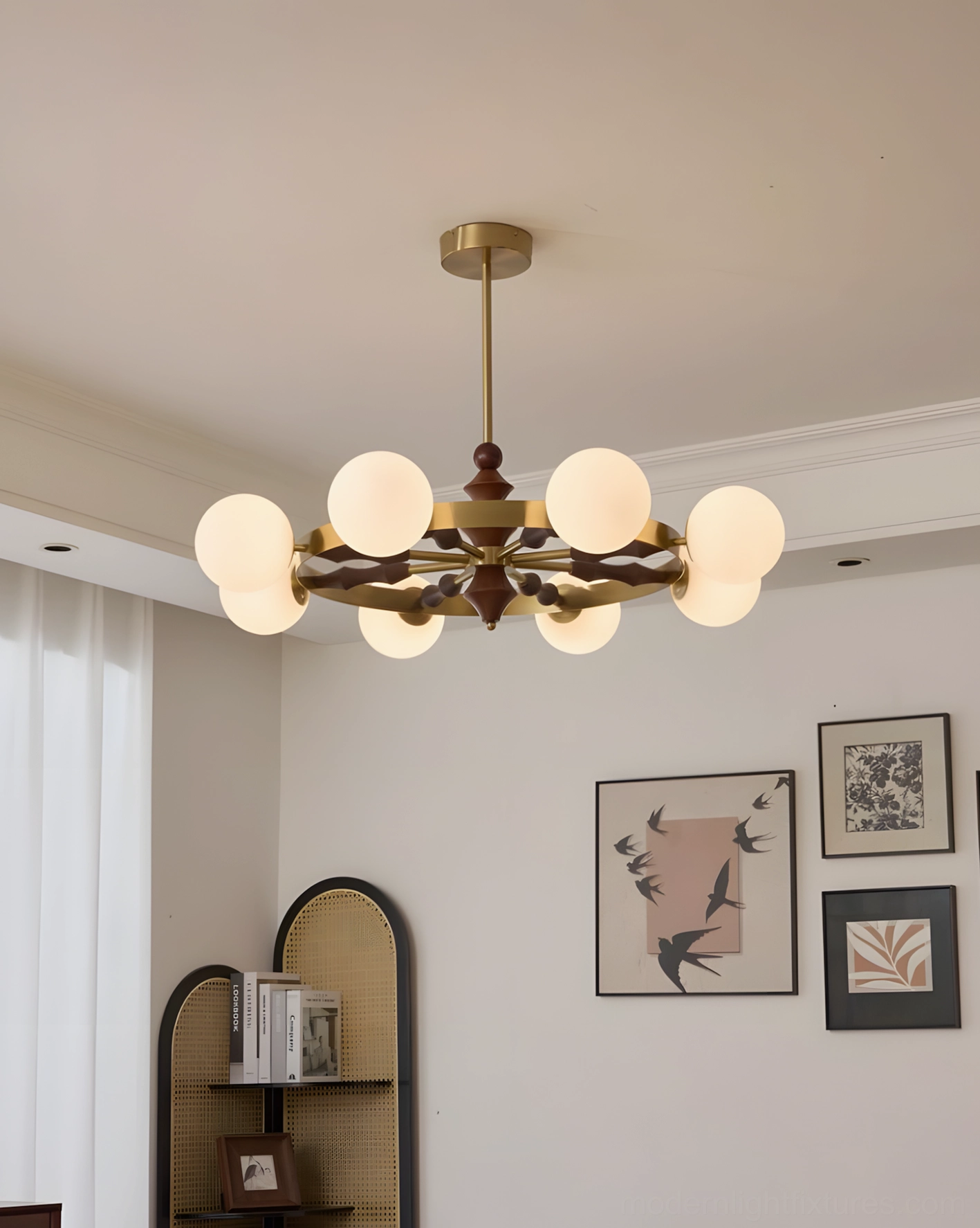 Pink and gold mid-century modern glass globe chandelier hanging view showing multiple light sources