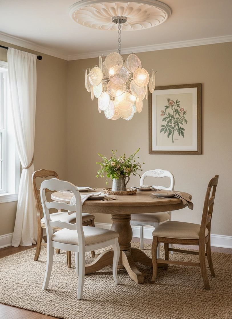 Neutral tone iridescent glass disc chandelier illuminated above round dining room table with farmhouse decor