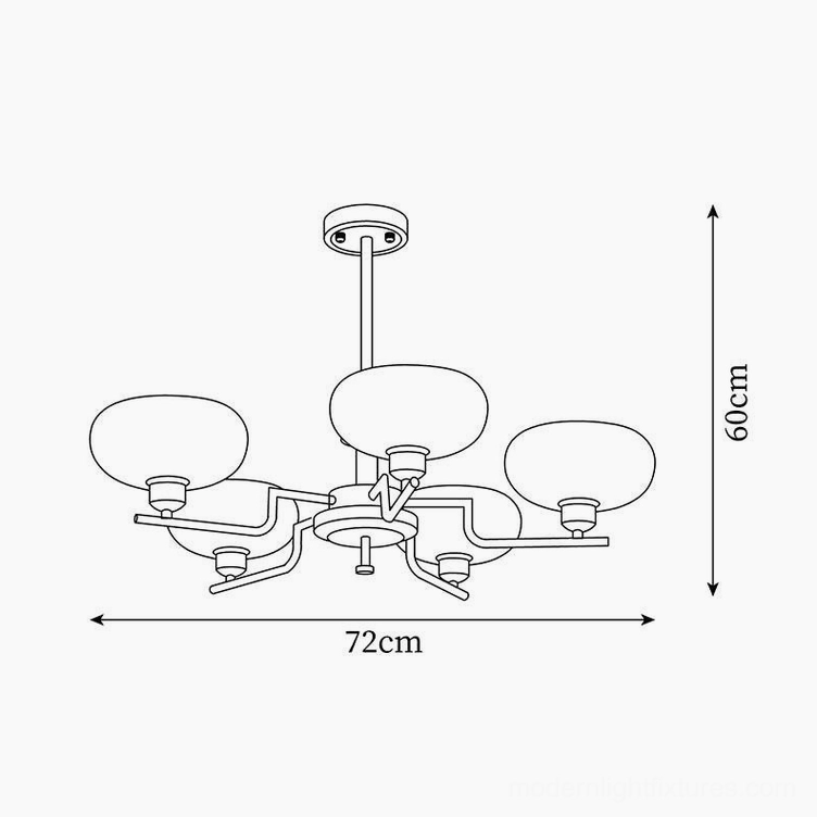 Architectural line drawing of 6-head modern glass chandelier asymmetrical layout with precision measurements 72cm by 60cm