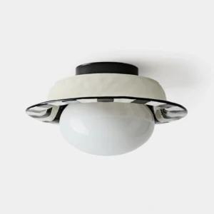 Modern checker ceiling light fixture with frosted spherical glass diffuser and metallic trim, front view on white background
