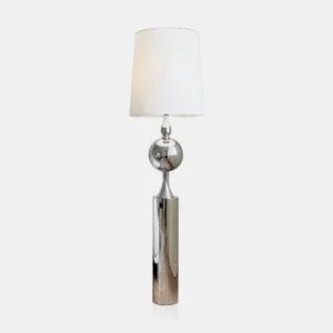 Modern chrome bubble floor lamp with white linen shade, front studio view against white background showcasing polished reflective metal base and tapered fabric lampshade