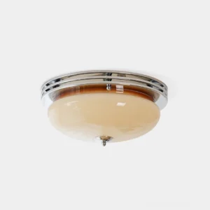 Modern chrome and beige dome ceiling light fixture with frosted opal glass shade - front studio view