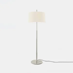 Modern chrome floor lamp with white cone linen shade, frontal view on white background
