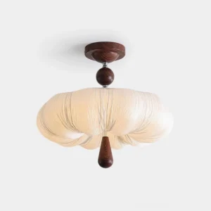 Mori Puff cloud-shaped ceiling light fixture with pleated fabric shade and walnut wood pendant, modern pendant lighting design