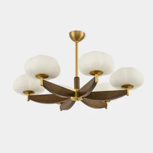 Modern cloud glass pendant chandelier with 6 heads, gold brass frame with dark walnut wood arms, frosted white opal glass shades - front flat view