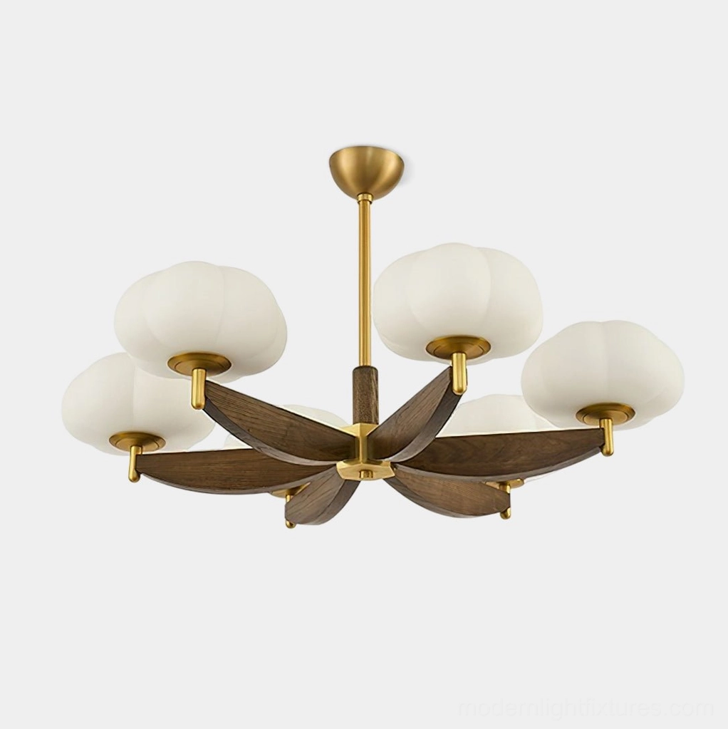 Modern cloud glass pendant chandelier with 6 heads, gold brass frame with dark walnut wood arms, frosted white opal glass shades - front flat view