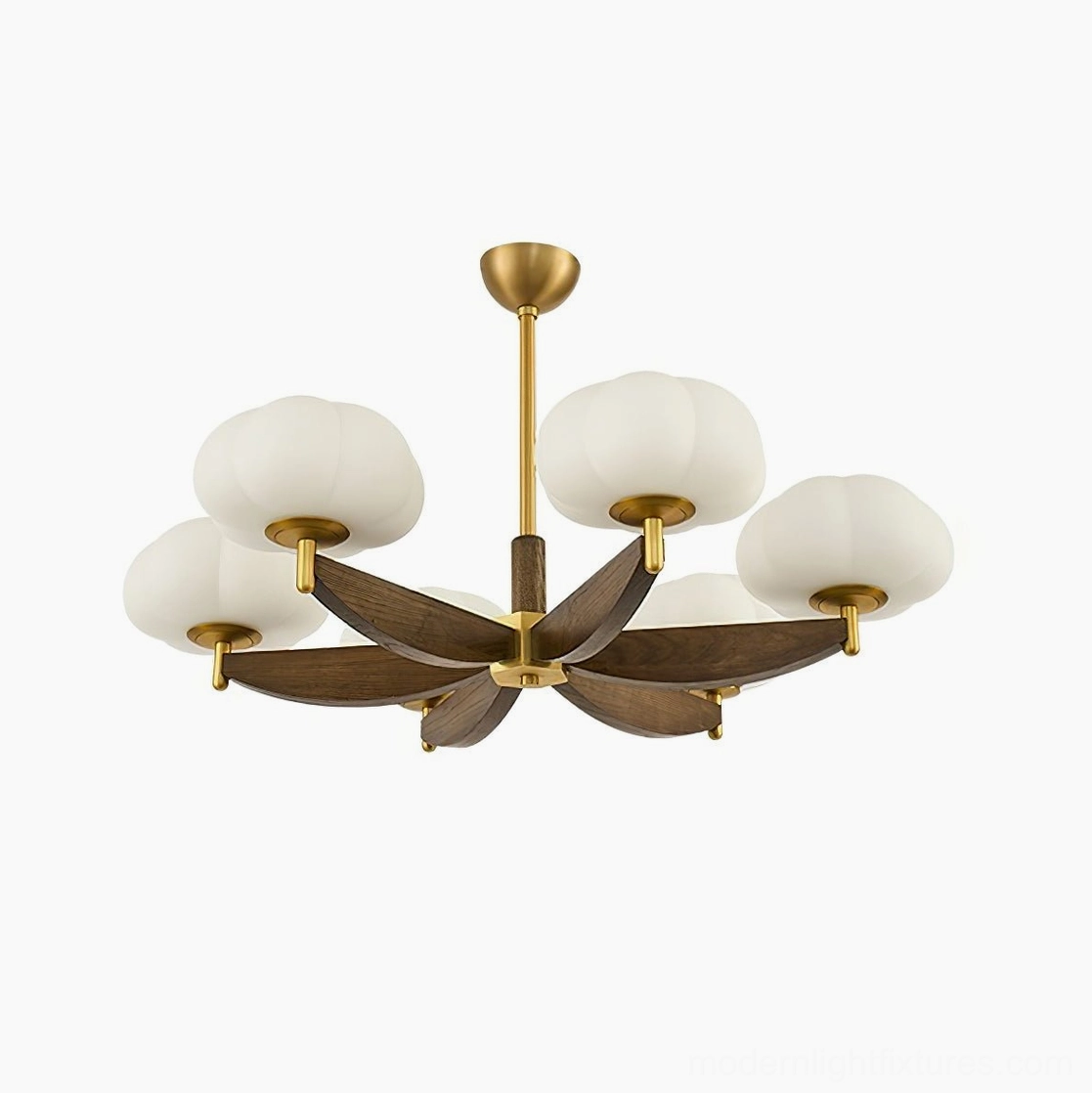 6-head modern cloud glass pendant chandelier in gold and walnut color finish, architectural product photography