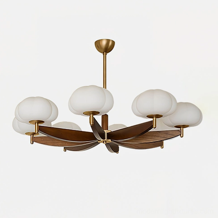 8-head modern cloud glass pendant chandelier with gold brass frame and walnut wood arms, complete product overhead view
