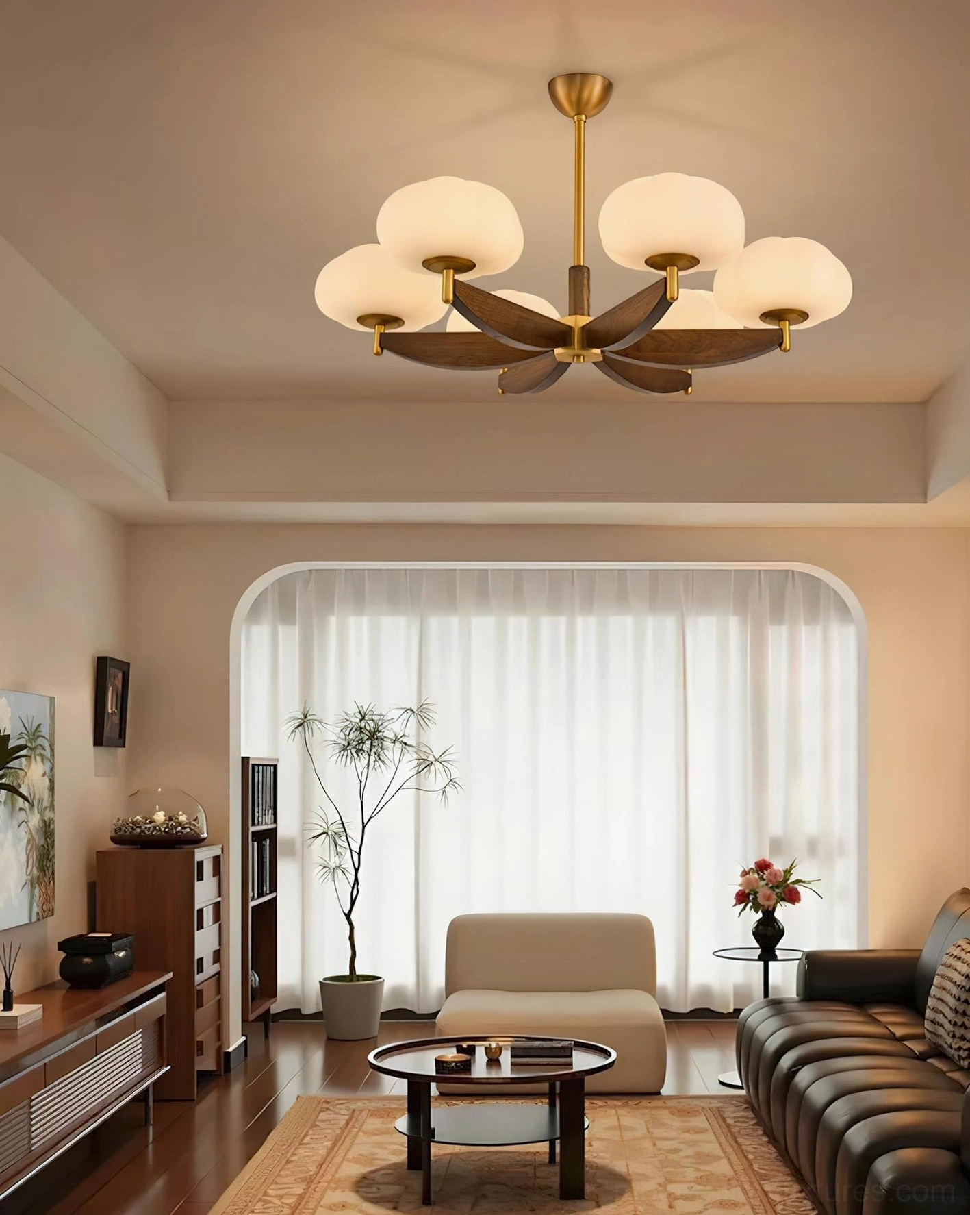6-head modern glass pendant chandelier with warm brass and dark wood frame in spacious vintage living room with floor-length curtains, soft ambient lighting