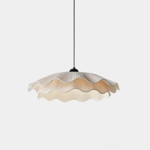 Modern wavy pleated pendant light with white fabric shade - front view studio photography