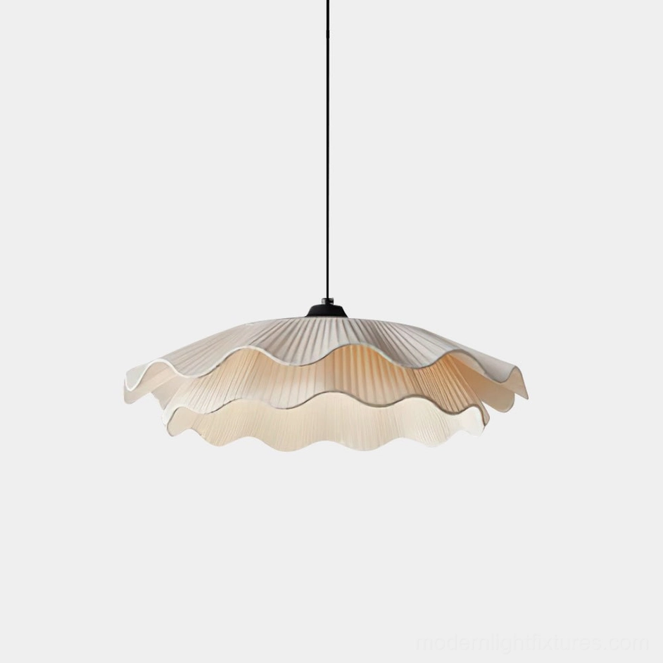 Modern wavy pleated pendant light with white fabric shade - front view studio photography