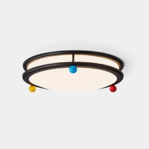 Modern Colorhalo ceiling light fixture with black frame and primary colored accent spheres front view on white background