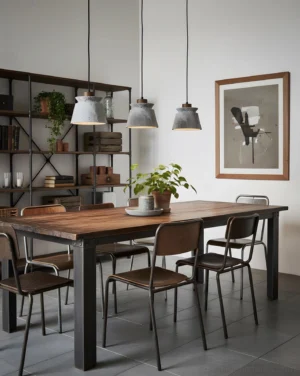Industrial dining room with matching travertine pendant lights over wooden dining table and metal frame chairs