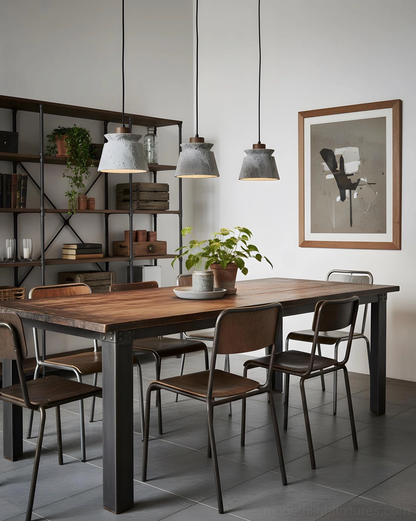 Industrial dining room with matching travertine pendant lights over wooden dining table and metal frame chairs