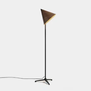 Modern cone floor lamp with black metal tripod base and wood-textured conical shade, front studio view