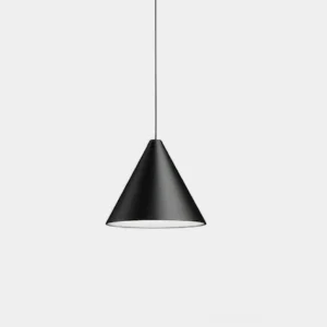 Modern black cone pendant light with exposed cable, minimalist metal shade in studio setting, Scandinavian industrial design