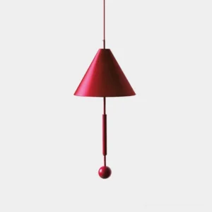Modern red cone pendant light with sphere counterweight, minimalist geometric design on white background