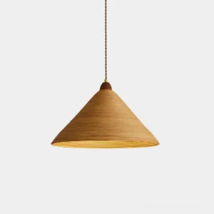 Hollow cone rattan pendant light with natural woven shade and walnut wood frame, studio close-up view