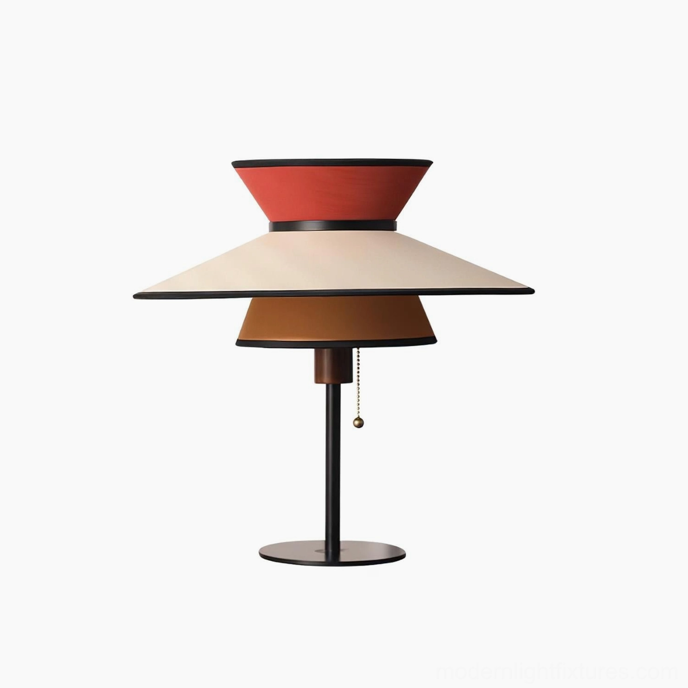 Modern conical table lamp available in multiple color combinations including black, walnut, orange-red, and light brown fabric shade options with regional plug variants