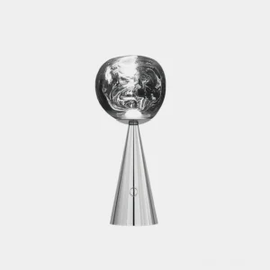 Modern conical table lamp with polished silver metal base and marbled smoked glass shade, studio front view showcasing contemporary design
