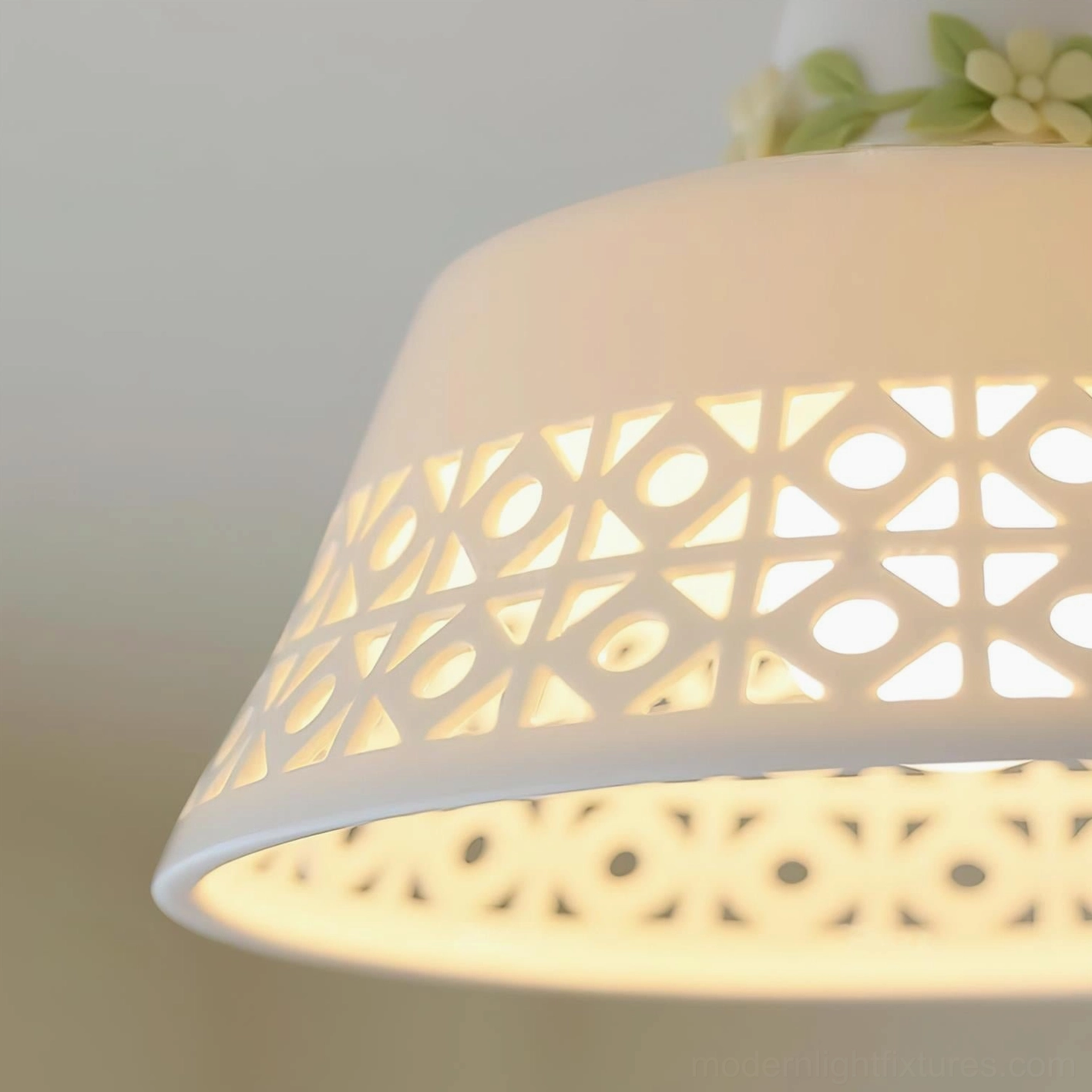 Modern contemporary ceiling lamp with floral-inspired ceramic shade and green white colorway